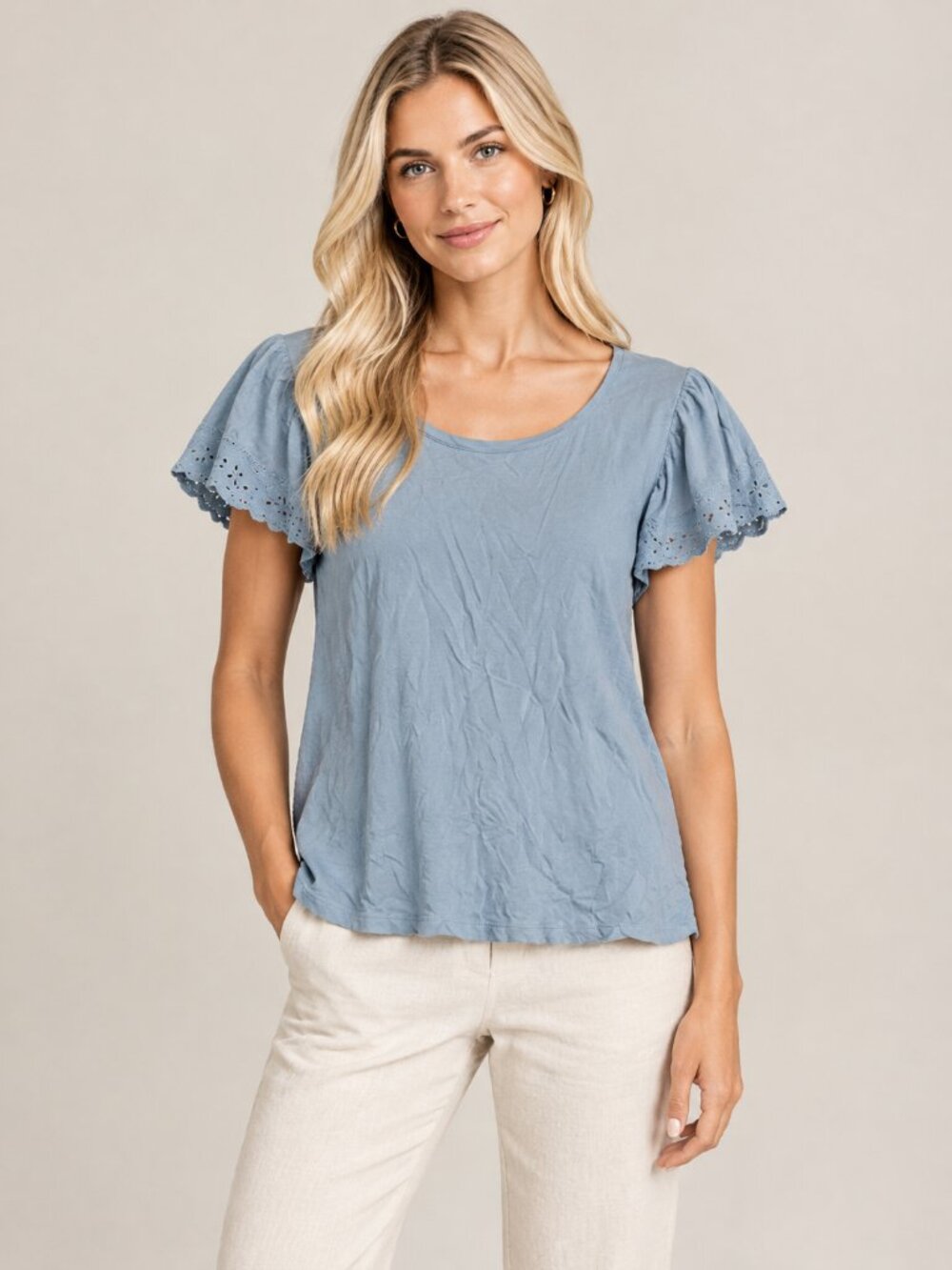 2/$30 T TAHARI Schiffli Eyelet Flutter Sleeve T-Shirt Dusty Blue Large #A6154